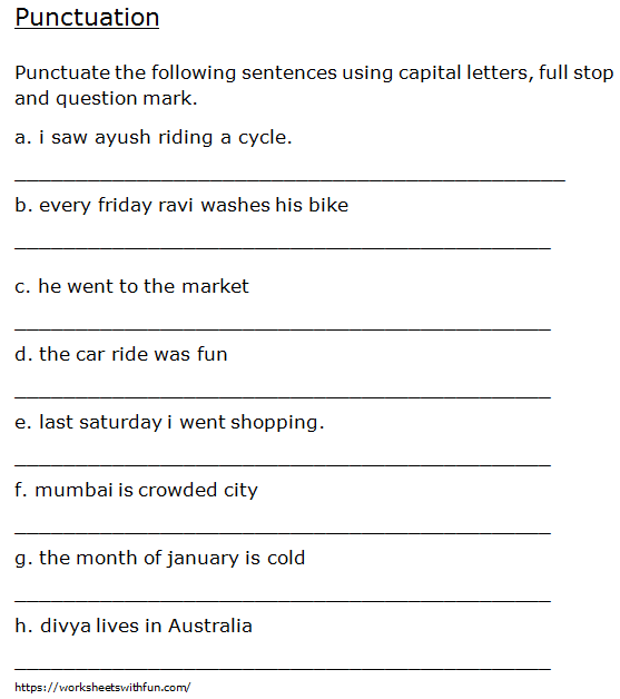 English - Class 1: Punctuation (Punctuating sentences) - Worksheet 9
